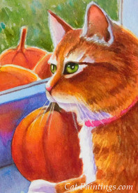 Tabby Cat with Pumpkins on Halloween
